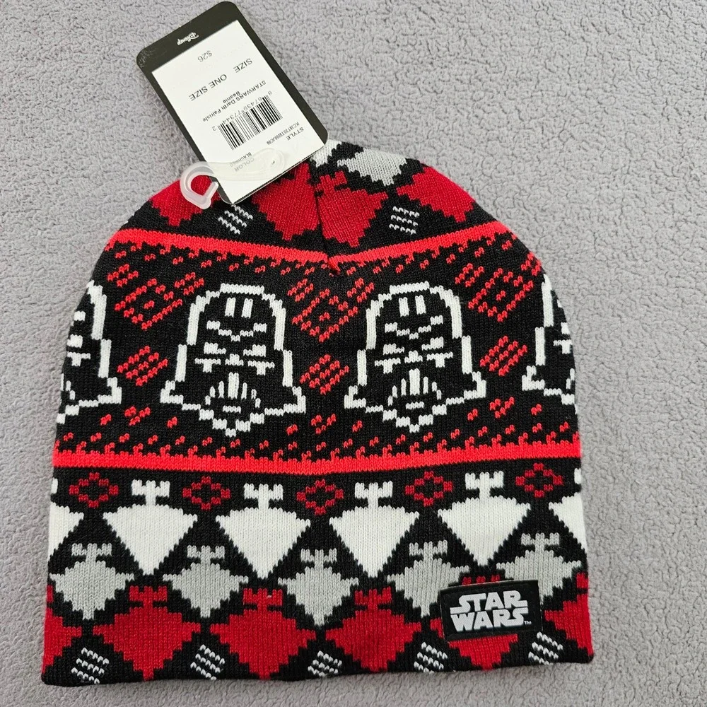 Star Wars Beanie‎ Hat Youth OS Black Fair Isle Knitted Darth Vader Winter Warm